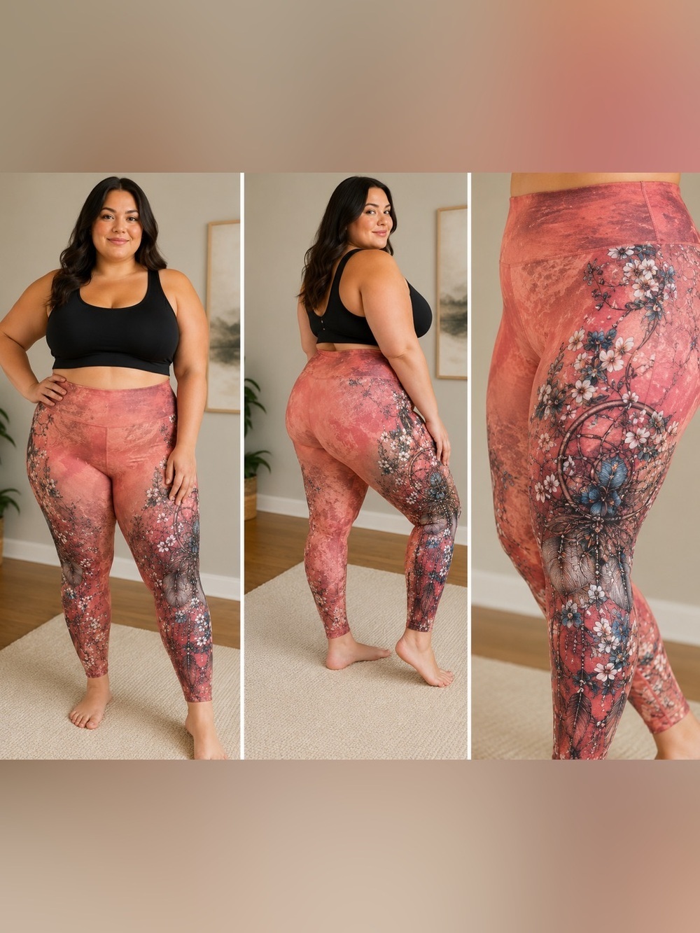 Evolution & Creation Coral Floral Dreamcatcher Leggings Plus Size 3X Boho Active
